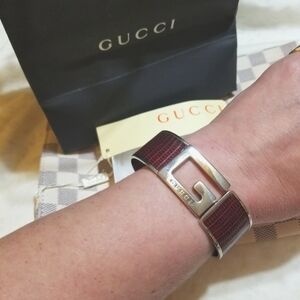 GUCCI Logo Alligator Leather Silver Clamper Bangle Bracelet